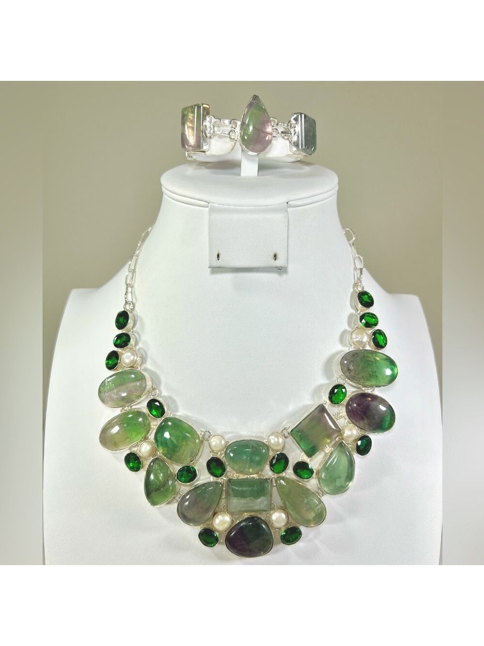 Fluorite Pearl 925 Large Gemstone Necklace & Bracelet